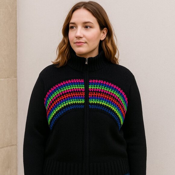 Ralph Lauren RL Active Black Rainbow Stripe Knit Sweater Zip Front Women’s XL - Picture 1 of 10